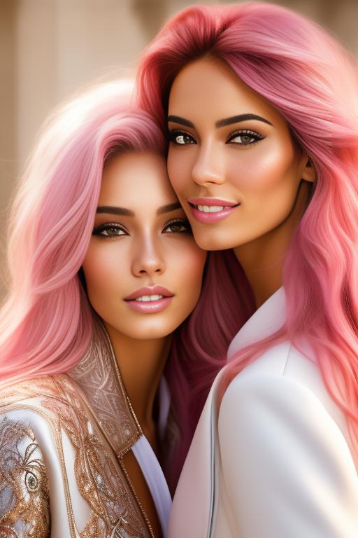 Image: Hair Color pastelPink Ethnicity Moroccan Art Style bestquality hyperdetailed ultradetailed Nsfw nsfw Nbrmodels Two top models Dressqty open whitejacket smiling  face close up