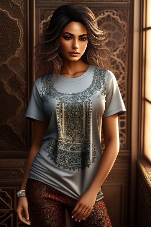 Image: Art Style bestquality hyperdetailed ultradetailed Ethnicity Moroccan Dressqty wearing pants shirttug1 shirt tug sexy tshirt Camera closeup