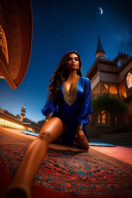 Jasmine Disney , kneeling on (flying  )  carpet high in night sky, camera from below looking upwards, nbr_models_one One Top Model, art_style_hyper_detailed Hyper Detailed, camera_close_up Close-Up
