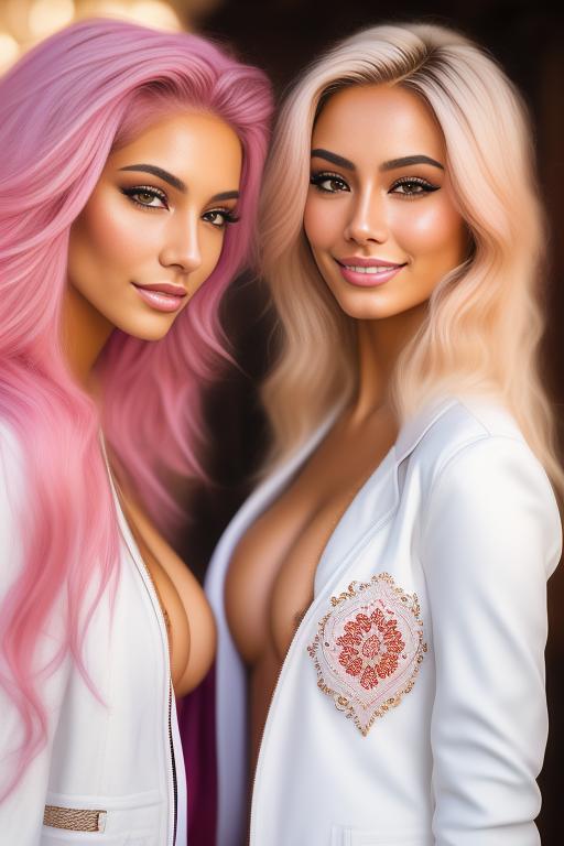 Image: Hair Color pastelPink Ethnicity Moroccan Art Style bestquality hyperdetailed ultradetailed Nsfw nsfw Nbrmodels Two top models Dressqty open whitejacket smiling  face close up