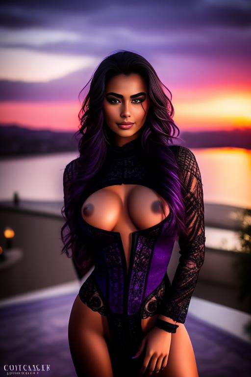 Image: two moroccan top models purple sunset castle fantasy extreme closeup face eyes  black clothes smile legs dressshirttug1 shirt tug artStylebestquality hyperdetailed ultradetailed nsfwnsfw