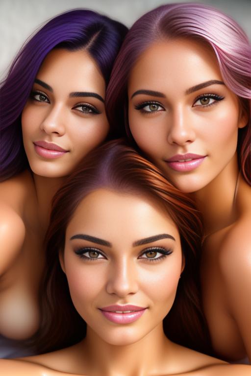 Image: Hair Color purple Ethnicity Moroccan Art Style bestquality hyperdetailed ultradetailed nsfw nsfw Nbrmodels Two top models in bed smiling  face close up shot from above  wet
