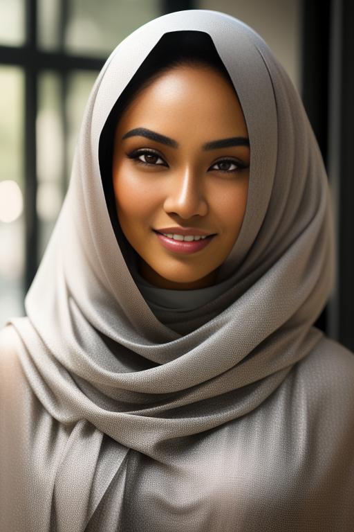 Image: Indonesian woman with keen eye small lips sharp nose and wearing hijab Her skin color os light she doesnt wear anything and smiling nbrmodelsone One Top Model ethnicitycaucasian Caucasian artstylehyperdetailed Hyper Detailed cameracloseup CloseUp