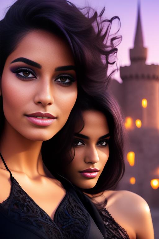 Image: two moroccan top models purple sunset castle fantasy extreme closeup face eyes  black clothes smile legs