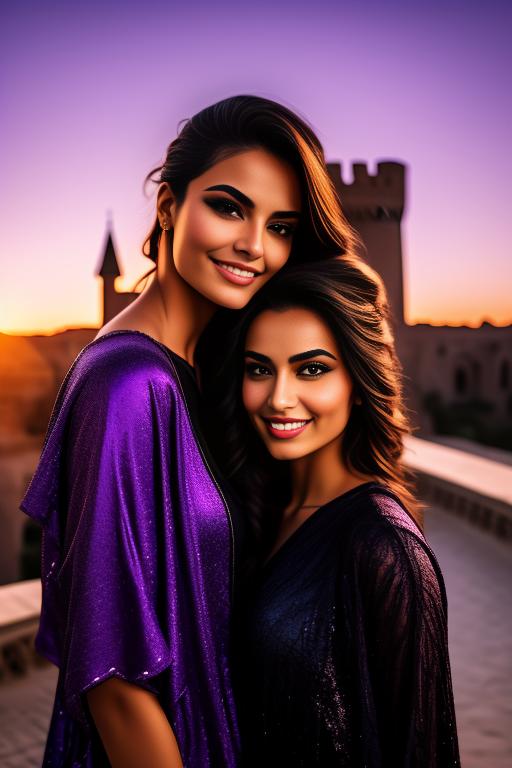 Image: two moroccan top models purple sunset castle fantasy extreme closeup black clothes smile