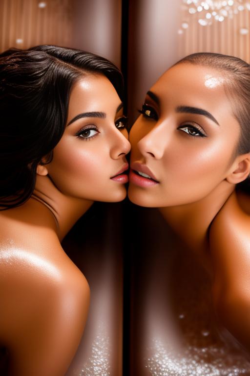 Image: Two  female Moroccan top models  face close up shot  wet kneeling in massage sauna black open bathrobe showing body  shot from above  teasing expression