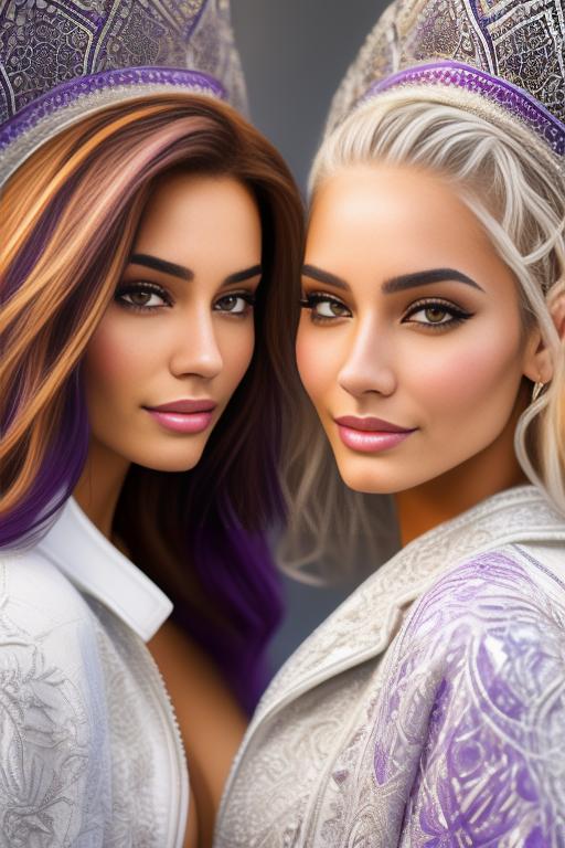 Image: Hair Color purple Ethnicity Moroccan Art Style bestquality hyperdetailed ultradetailed Nsfw nsfw Nbrmodels Two top models Dressqty open whitejacket smiling  face close up