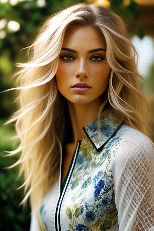 Image: Blonde  nbrmodelsone One Top Model ethnicitycaucasian Caucasian backgroundgarden Garden artstylehyperdetailed Hyper Detailed camerafacecloseup Face CloseUp