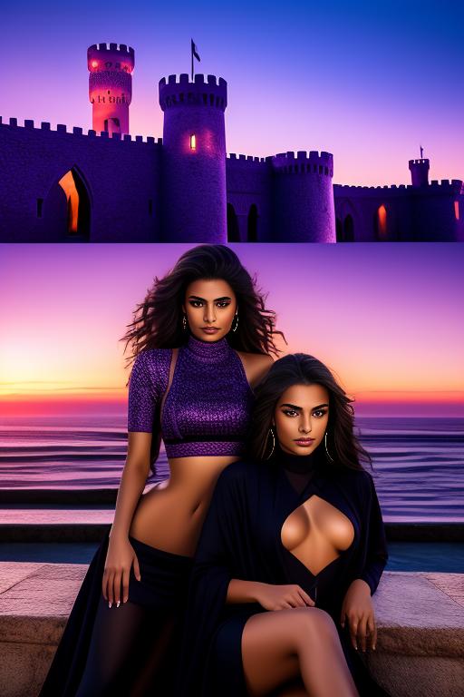 Image: two moroccan top models purple sunset castle fantasy extreme closeup face eyes  black clothes smile legs