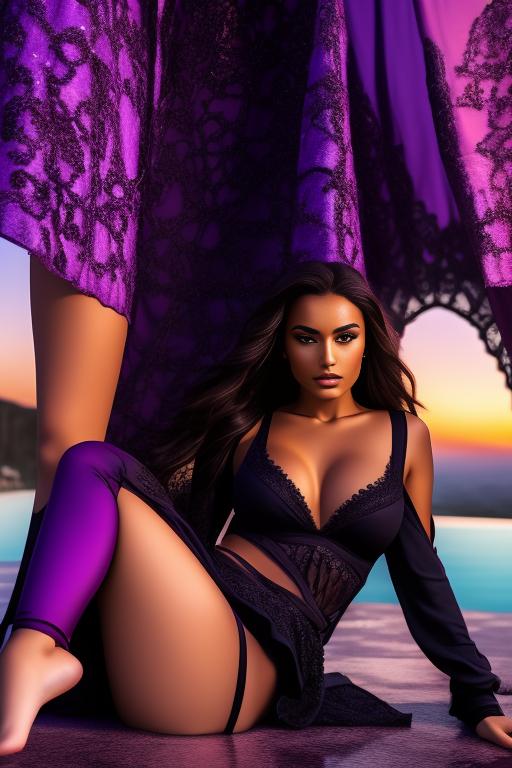 Image: two moroccan top models purple sunset castle fantasy extreme closeup black clothes happy legs