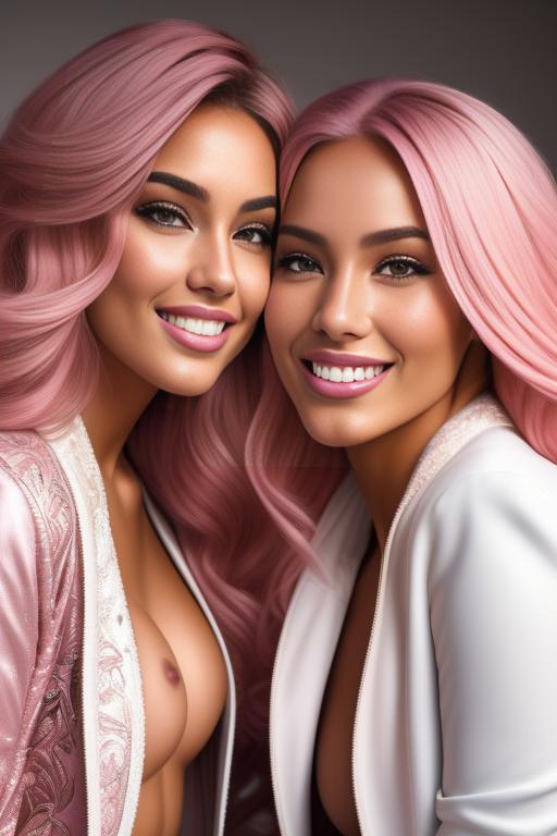 Image: Hair Color pastelPink Ethnicity Moroccan Art Style bestquality hyperdetailed ultradetailed Nsfw nsfw Nbrmodels Two top models Dressqty open whitejacket smiling  face close up kissing on four legs