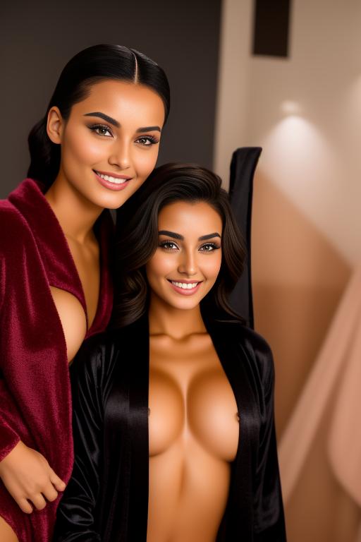 Image: Two hot female Moroccan top model and masseuse close up smile standing at massage room black closed bathrobe