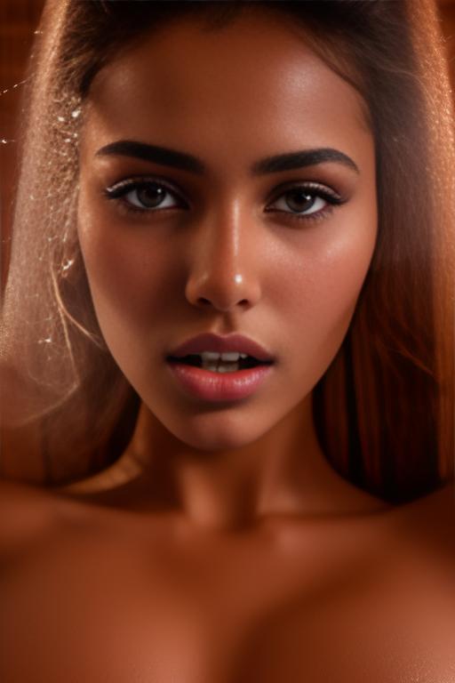 Image: Female Moroccan top model  face close up  in  sauna nude shot from above  open mouth dry covered sperm beautiful eyes