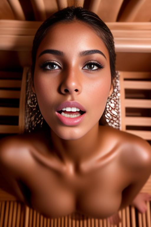 Image: Female Moroccan top model  face close up   kneeling in  sauna nude shot from above  open mouth dry hair covered sperm beautiful eyes