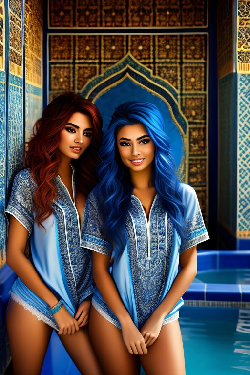 Image: ethnicityMoroccan artStylebestquality hyperdetailed ultradetailed  hair ColorelectricBlue    backgroundHot tub nbrmodelsTwo top models  Cameracloseup positionsmiling positionkissing dresssexy tshirt dresswearing panties dressshirttug1 shirt tug