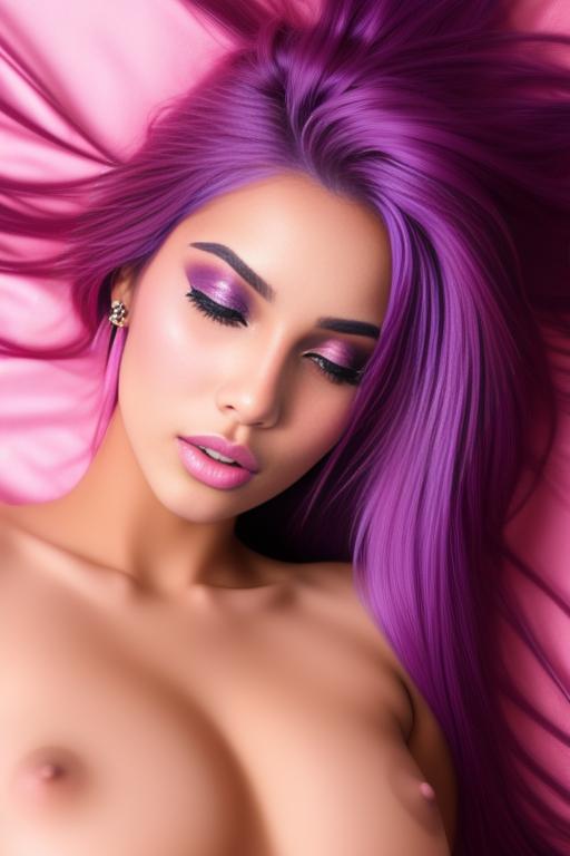 Image: moroccan sexy top model close up blue and red long hair  bonde and pink purple hairclose face shot laying above her closed eyes teasing look boobs