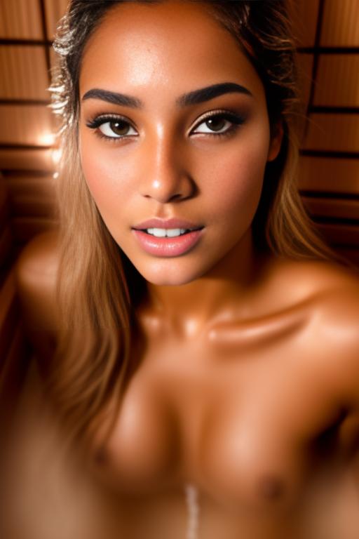 Image: Female Moroccan top model  face close up   kneeling in  sauna nude shot from above  open mouth dry hair covered sperm beautiful eyes