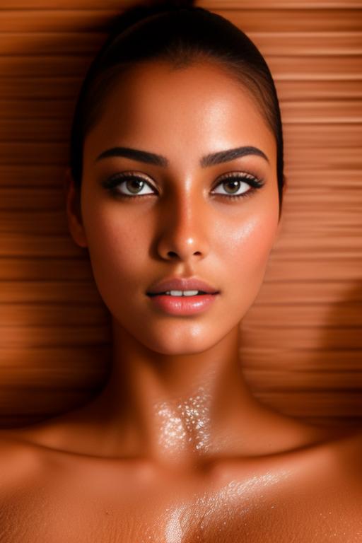 Image: Female Moroccan top model  face eyes extreme close up shot  wet kneeling in massage sauna nude shot from above  sperm in face