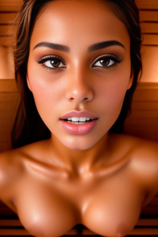 Image: Female Moroccan top model  face close up   kneeling in  sauna nude shot from above  open mouth dry covered sperm