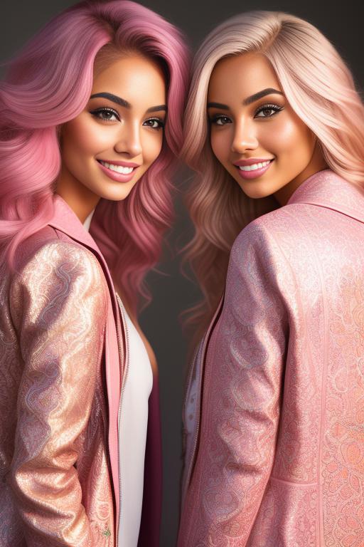 Image: Hair Color pastelPink Ethnicity Moroccan Art Style bestquality hyperdetailed ultradetailed Nsfw nsfw Nbrmodels Two top models Dressqty open jacket smiling  face close up