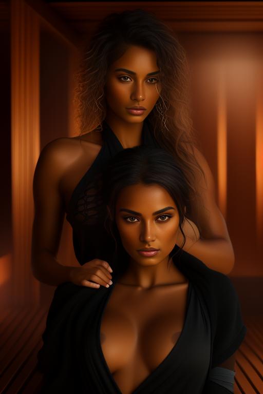 Image: two woman top models cudling touching  tanned Art Style bestquality hyperdetailed ultradetailed Ethnicity Moroccan  Camera face extreme closeup eyes  hair long  sauna black towel  tshirt joggings  dresspulld07 pulld