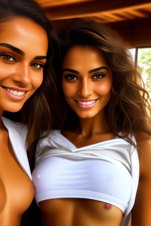 Image: two woman top model tanned Art Style bestquality camera shot face extreme closeup hyperdetailed ultradetailed Ethnicity Moroccan   sauna  white sports apparel  smiling holding touching dressshirtliftv309 shirtlift artStylebestquality hyperdetailed ultradetailed nsfwnsfw