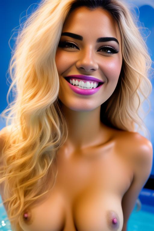 Image: artStylebestquality hyperdetailed ultradetailed   hair Color  electricBlue  backgroundHot tub       Cameraface closeup positionsmiling   nbrmodels  female top model ethnicityMoroccan nsfwnsfw dresssexy tshirt positionLickingOralLoRA1 lickingoral