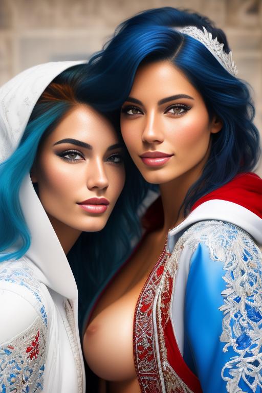 Image: Hair Color blue and red Ethnicity Moroccan Art Style bestquality hyperdetailed ultradetailed Nsfw nsfw Nbrmodels Two top models Dressqty open whitejacket smiling  face close up