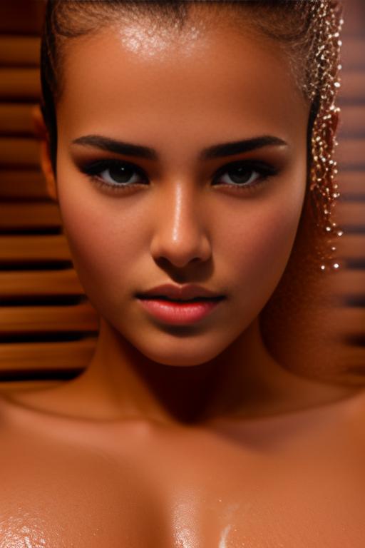 Image: Female Moroccan top model  face eyes extreme close up shot  wet kneeling in massage sauna nude shot from above  sperm in face