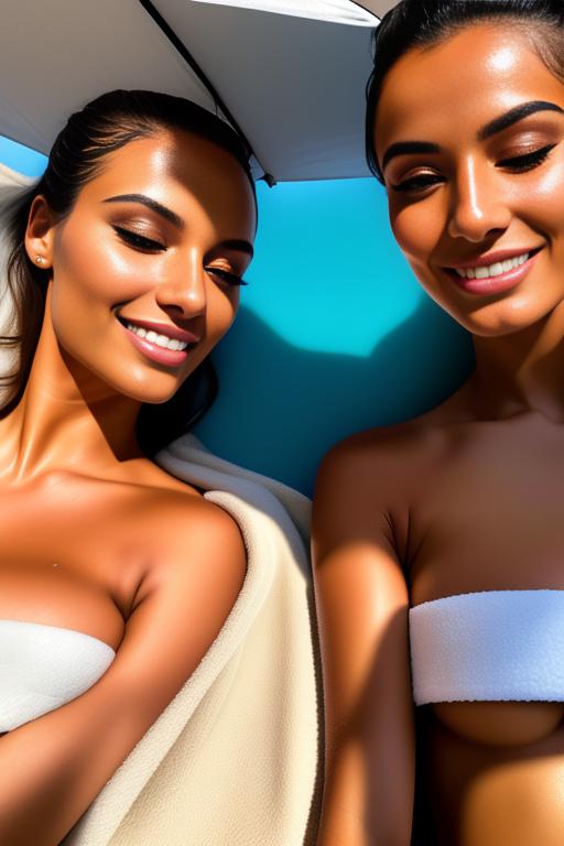Hyper close up, parasol, black beach towel, tan top model, hairs, smile open mouth, topless, laying down ( eyes closed, )(stretching), nbr_models_two Two Top Models, nbr_models_three Three Top Models, ethnicity_moroccan Moroccan, art_style_hyper_detailed Hyper Detailed, camera_close_up Close-Up