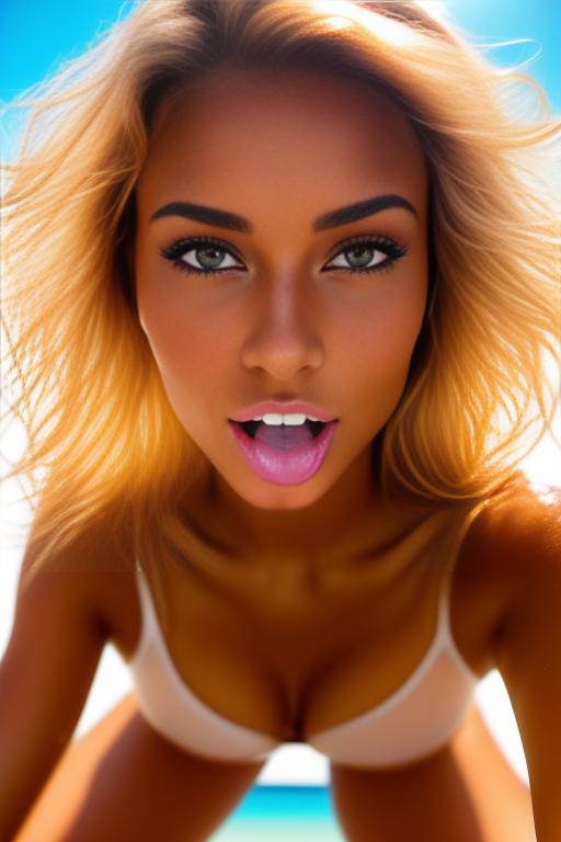 Image: beauty fully tanned sexy top model on the sunny beach sexy look in the eyes softsmile  kneeling  face close up  spreading legs stretch shot from below close up focus sexy  wettransparentopenshirt open mouth sucking