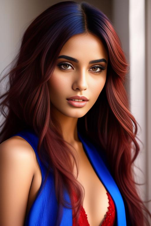 Image: two  moroccan sexy top models close up  blue and red long hair open vest shy