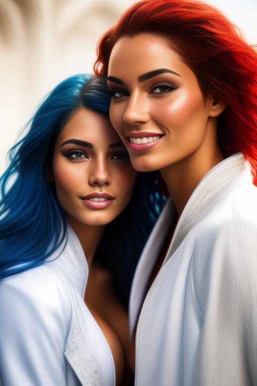 Image: Hair Color blue and red Ethnicity Moroccan Art Style bestquality hyperdetailed ultradetailed Nsfw nsfw Nbrmodels Two top models Dressqty open whitejacket smiling  face close up