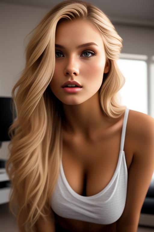 Image: russian blonde top model next to gaming pc from below facecloseup hot