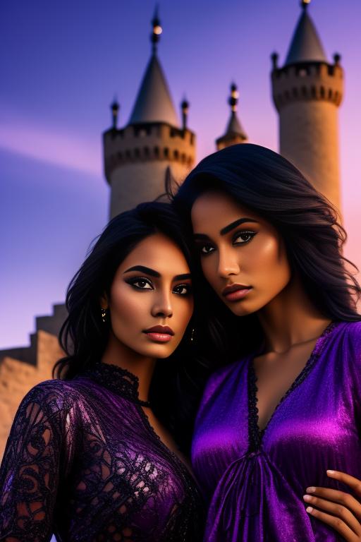 Image: two moroccan top models purple sunset castle fantasy extreme closeup black clothes