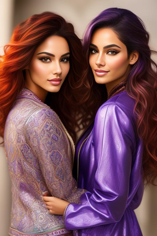 Image: Hair Color purple Ethnicity Moroccan Art Style bestquality hyperdetailed ultradetailed sfw sfw Nbrmodels Two top models Dressqty open jacket smiling   body close up from behind