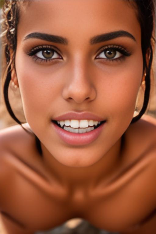 Image: Moroccan Top model beauty holding  sports sexy outfit  gentlesmile   close up shot  in rocky rocks no panties  face close up shot from below kneeling open mouth focus on eyes sucking