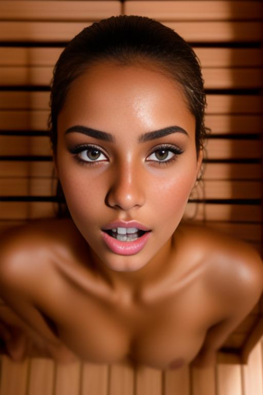 Image: Female Moroccan top model  face close up   kneeling in  sauna nude shot from above  open mouth dry hair covered sperm beautiful eyes