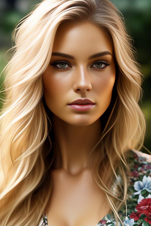 Image: Blonde  nbrmodelsone One Top Model ethnicitycaucasian Caucasian backgroundgarden Garden artstylehyperdetailed Hyper Detailed camerafacecloseup Face CloseUp