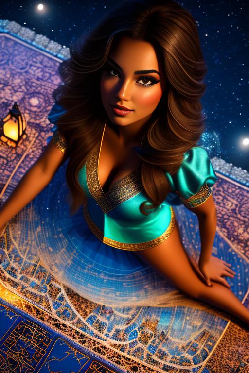 Jasmine Disney , sitting on (flying  )  carpet high in night sky, camera from below looking upwards, nbr_models_one One Top Model, art_style_hyper_detailed Hyper Detailed, camera_close_up Close-Up