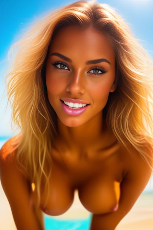 Image: beauty fully tanned sexy top model on the sunny beach sexy look in the eyes softsmile  kneeling  face close up  spreading legs stretch shot from below close up focus sexy  wettransparentopenshirt open mouth sucking