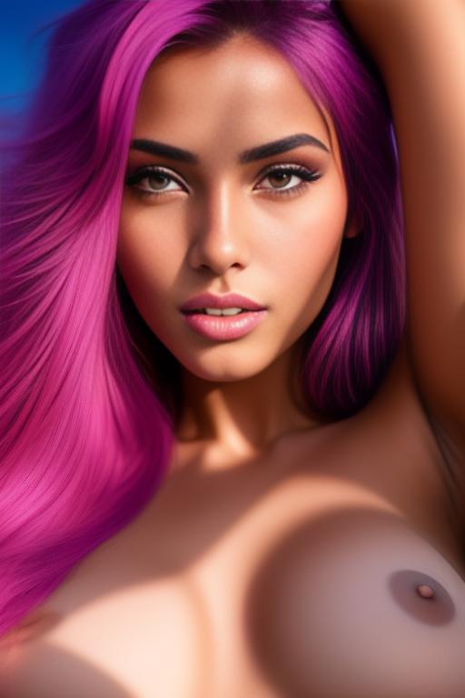 Image: moroccan sexy top models close up blue and red long hair  bonde and pink purple hairclose face shot laying above her intense look teasing boobs