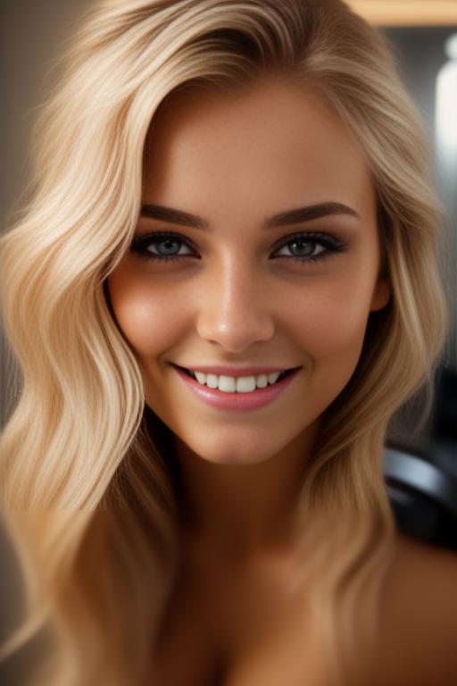 Image: russian blonde top model next to gaming pc  from above facecloseup hot wet smile nude