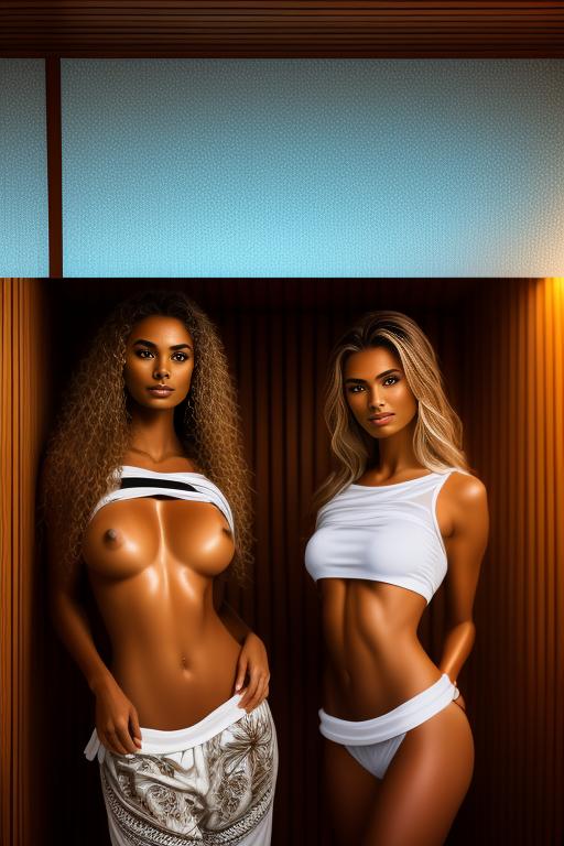 Image: two woman top model tanned Art Style bestquality camera face extreme closeup hyperdetailed ultradetailed Ethnicity Moroccan   sauna  white sports apparel pants wet t shirt transparent  smiling holding touching dressshirtliftv309 shirtlift artStylebestquality hyperdetailed ultradetailed nsfwnsfw