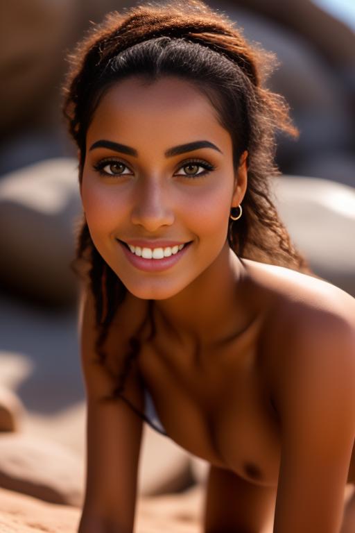 Image: Moroccan Top model beauty holding  sports sexy outfit  gentlesmile   close up shot  in rocky rocks no panties  face close up shot from below kneeling  focus on eyes