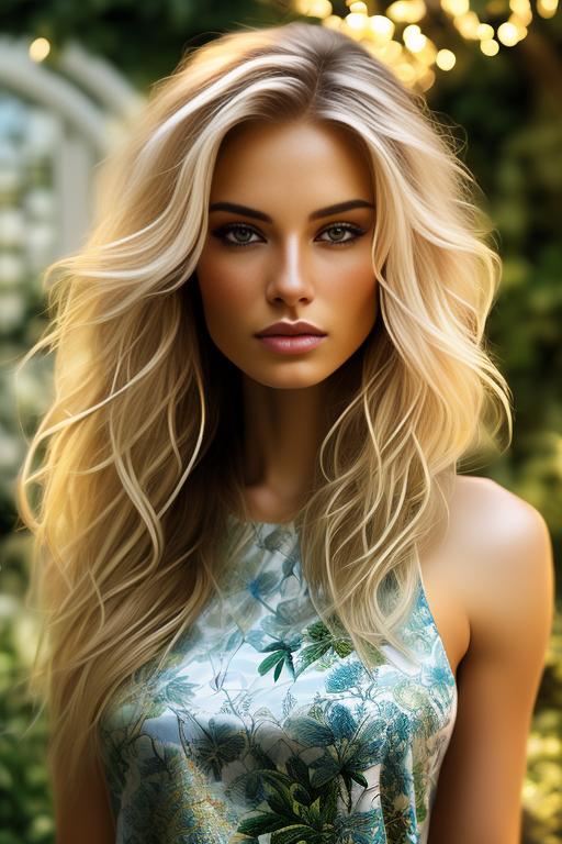 Image: Blonde  nbrmodelsone One Top Model ethnicitycaucasian Caucasian backgroundgarden Garden artstylehyperdetailed Hyper Detailed cameracloseup CloseUp