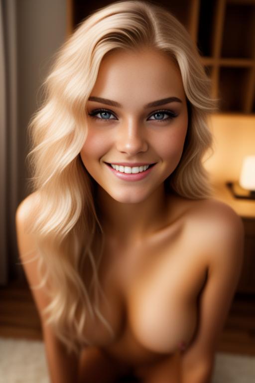 Image: russian blonde top model next to gaming pc  from above facecloseup hot wet shy smile teasing nude