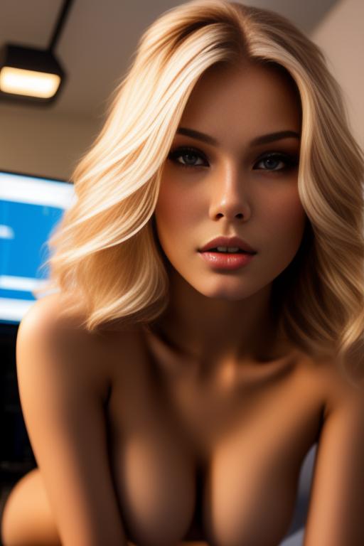Image: russian blonde top model next to gaming pc  from below  closeup hot