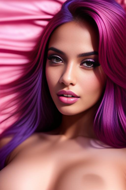 Image: moroccan sexy top model close up blue and red long hair  bonde and pink purple hairclose face shot laying above her closed eyes teasing look boobs