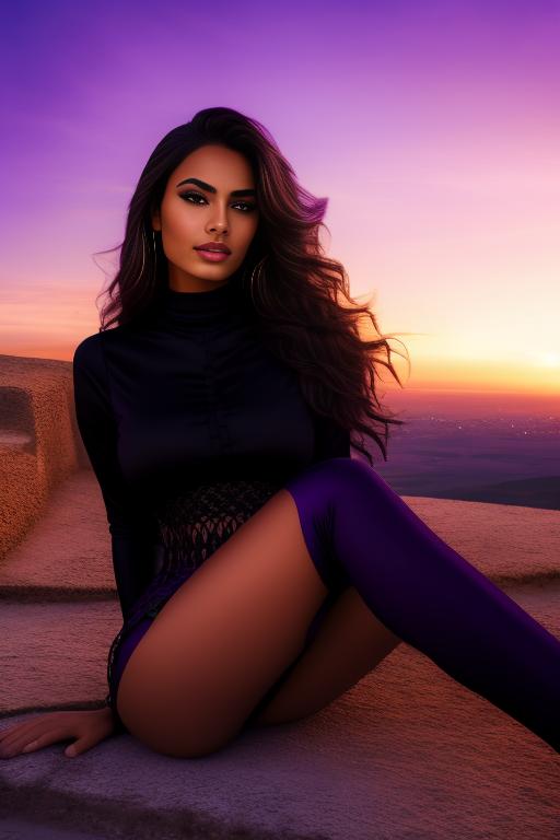 Image: two moroccan top models purple sunset castle fantasy extreme closeup face eyes  black clothes smile legs